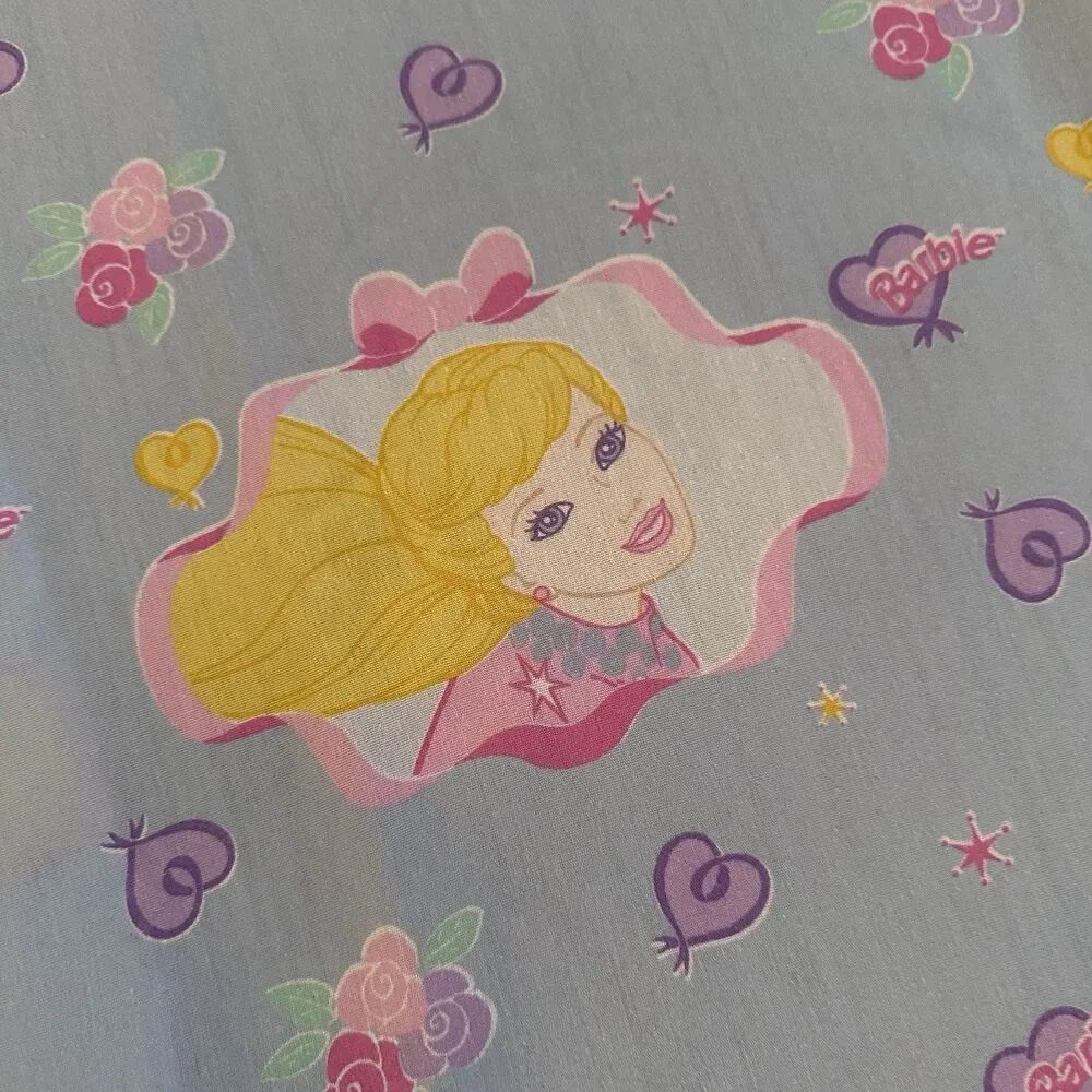 Vintage 90s Barbie Twin Fitted Sheet Dan River Y2K Pink Blue Roses Hearts